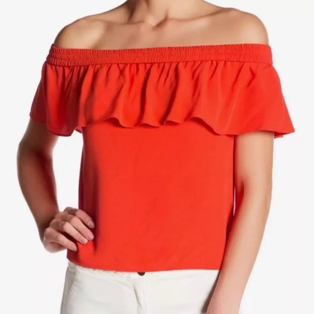 Veronica Beard Coast Ruffle Off-the-Shoulder Top in Orange Size 4 - Picture 3 of 11